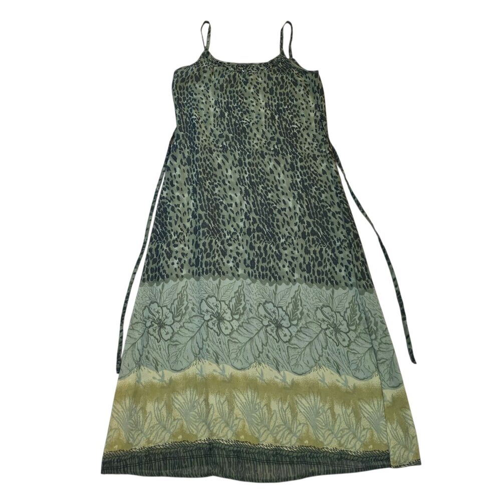 Basics 2 You Vintage Maxi Dress Small Green Leopard Floral Hibiscus Y2K Boho